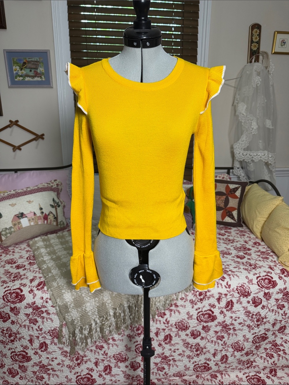 Topshop Bright Yellow Ruffle-Trim Long Sleeve Knit Top
